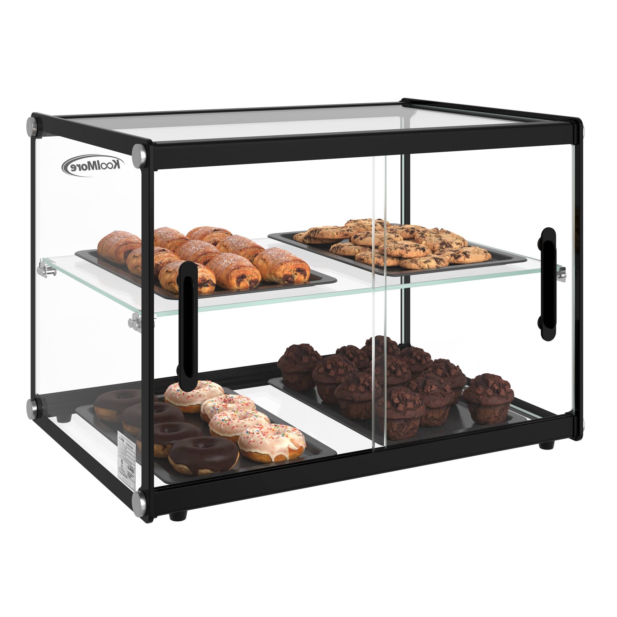 Angle. Koolmore - 22 in. Tiered Pastry Display Case With Shelf and Sliding Door  ETL Certified, 2.2 cu. ft. Capacity (KM-DC-2CSBK) - Black.