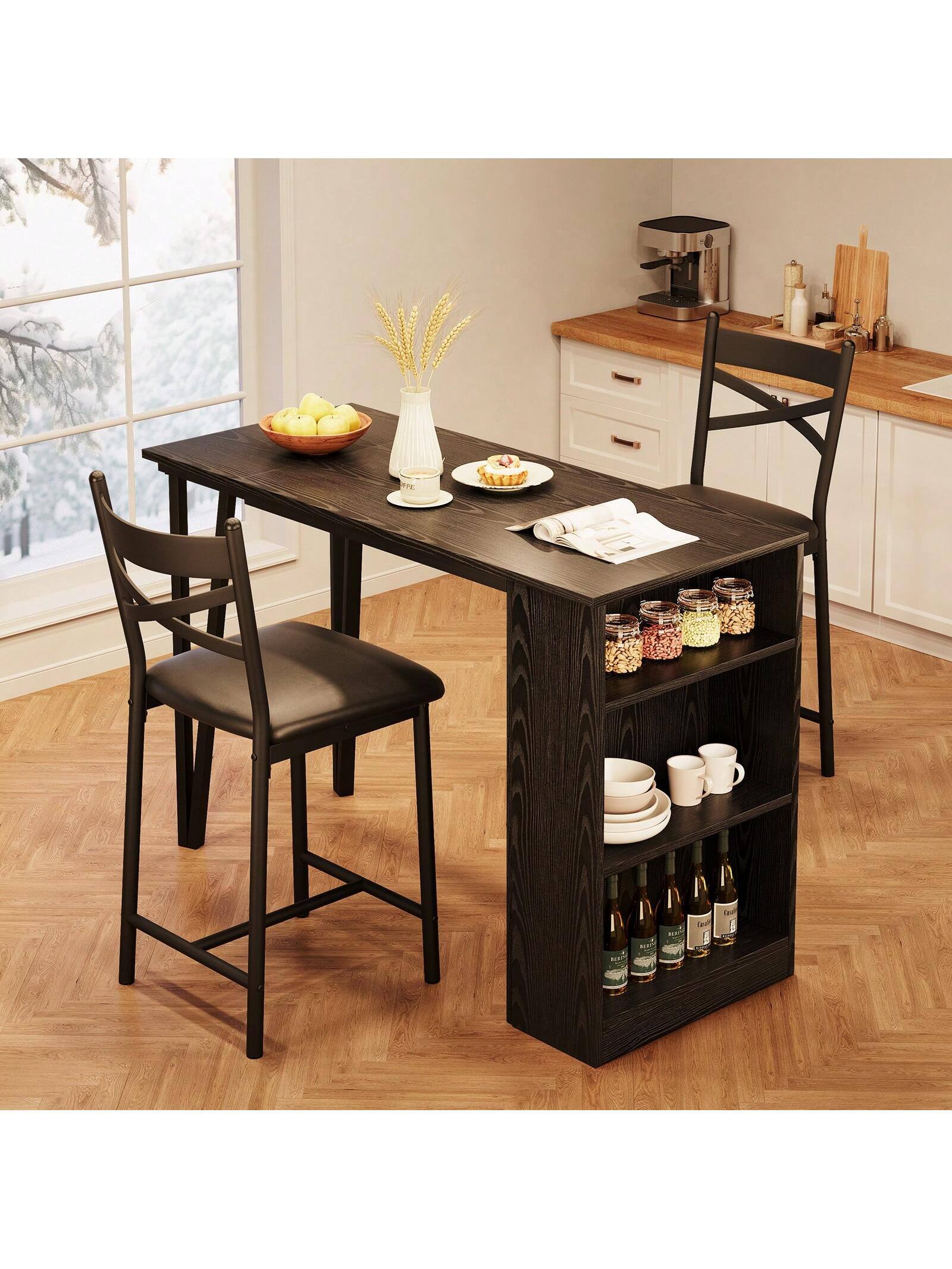 Alt View 4. Acekool - Kitchen Table 3Piece 36in Wooden Counter Height Dining Table Set for Dining Room, Home Office, Living Room - Black.