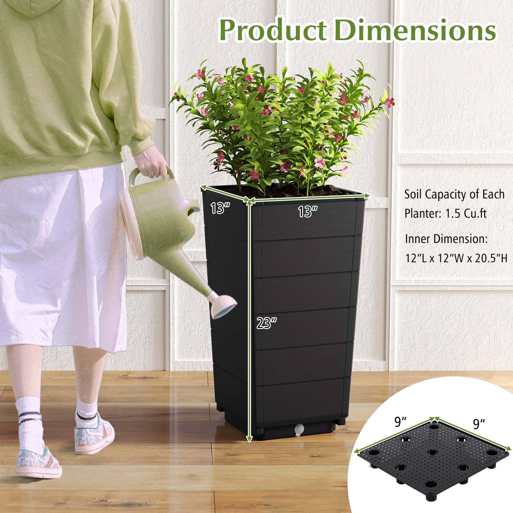 Product Dimensions: 13" x 13"
Soil Capacity of Each Planter: 1.5 cu. ft.
Inner Dimension: 12"L x 12"W x 20.5"H
23" GN 69G 9" 9"