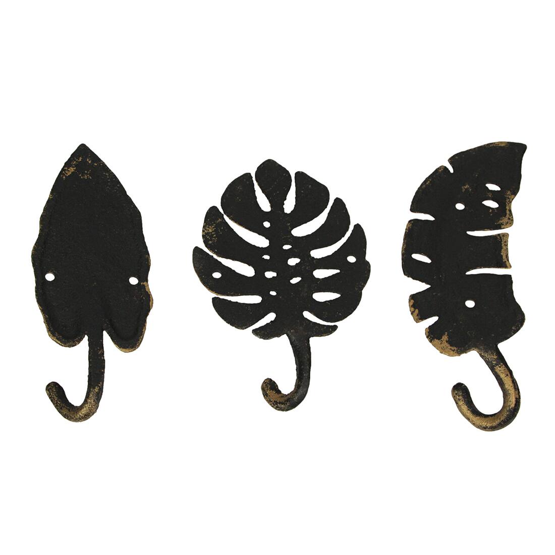 Alt View 7. Zeckos - Set of 3 Cast Iron Gold Tropical Leaf Decorative Wall Hooks Towel Hanger Rack - Gold.