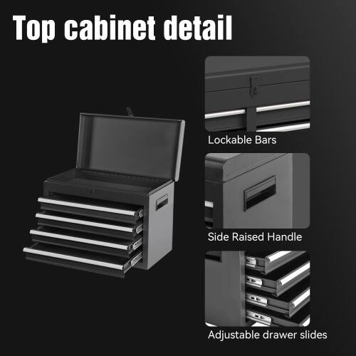 Top cabinet detail

- Lockable Bars
- Side Raised Handle
- Adjustable drawer slides