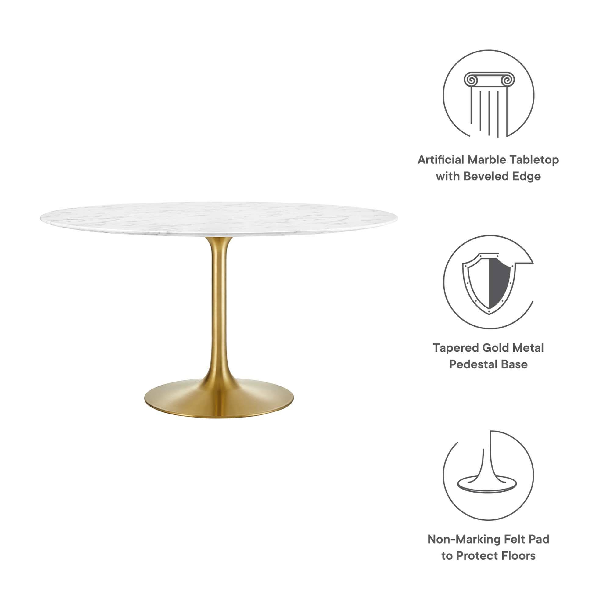 Artificial Marble Tabletop with Beveled Edge  
Tapered Gold Metal Pedestal Base  
Non-Marking Felt Pad to Protect Floors