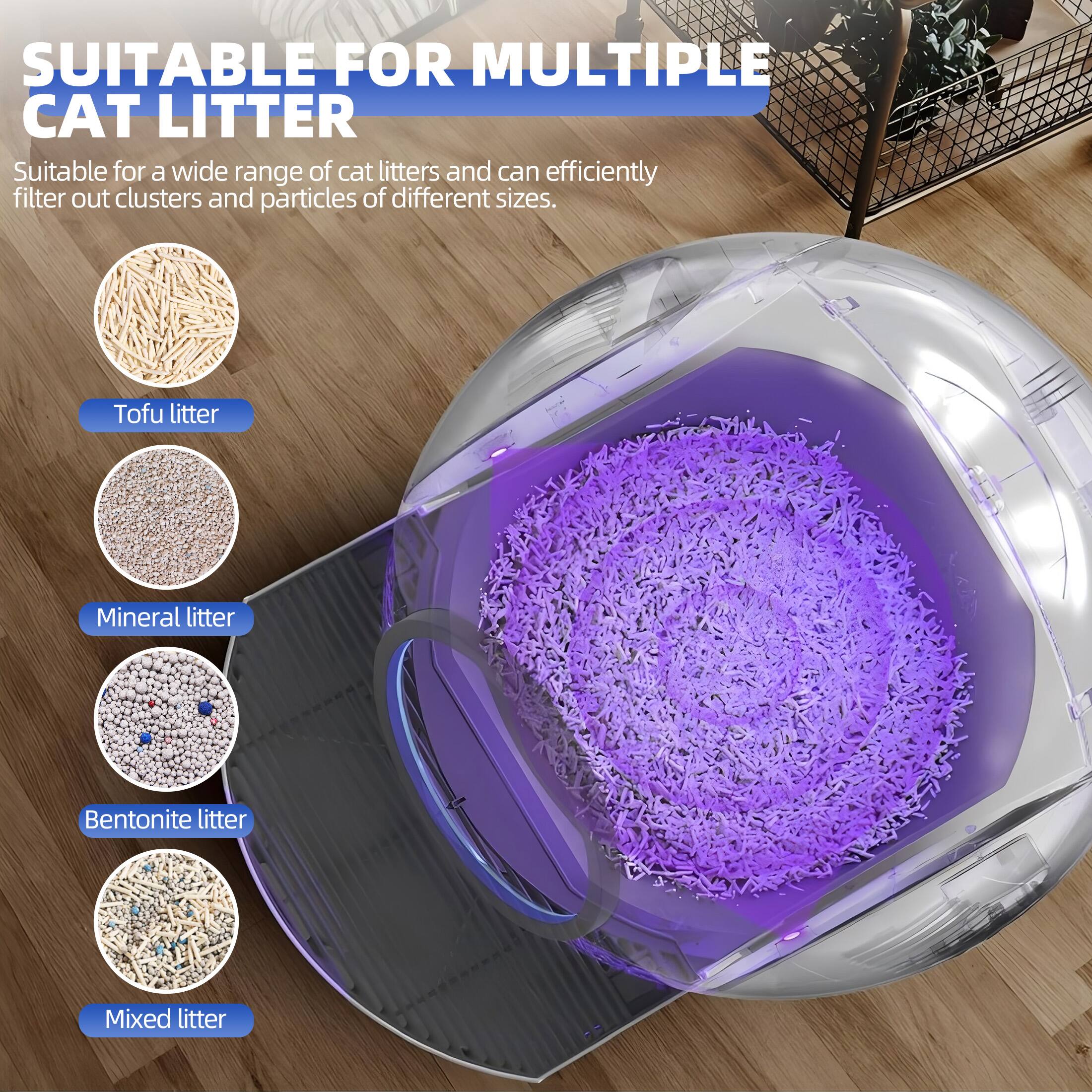 SUITABLE FOR MULTIPLE CAT LITTER

Suitable for a wide range of cat litters and can efficiently filter out clusters and particles of different sizes.

- Tofu litter
- Mineral litter
- Bentonite litter
- Mixed litter