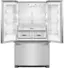 A refrigerator with a freezer on the bottom and a water dispenser on the door.