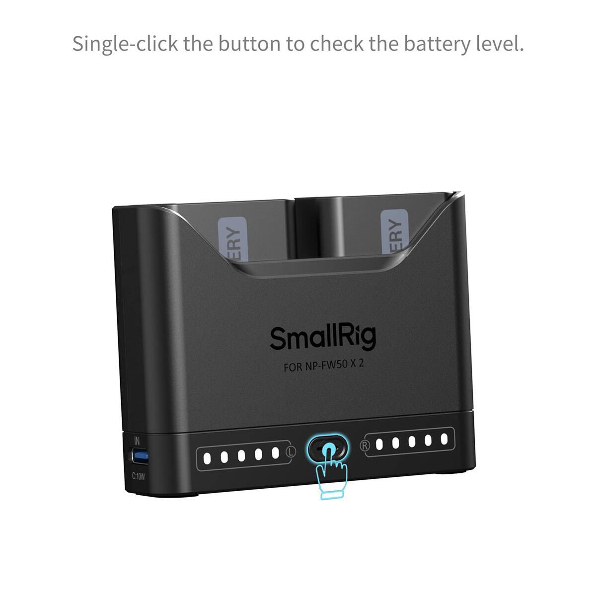 Single-click the button to check the battery level.

SmallRig FOR NP-FW50 X2

IN
C:10W