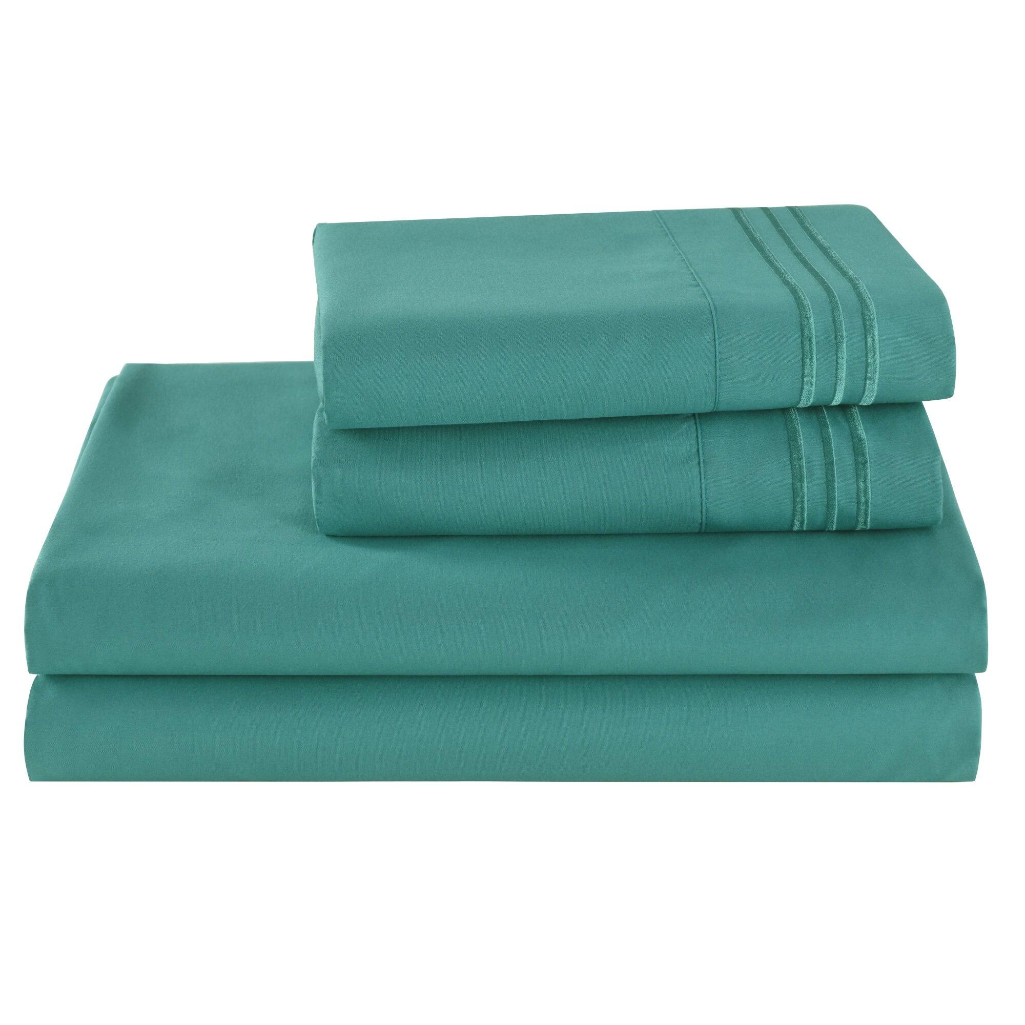 Angle. MarCielo - Marcielo 3/4 Pcs Soft Solid & Embroidery Bed Sheets Set - Dark Teal.