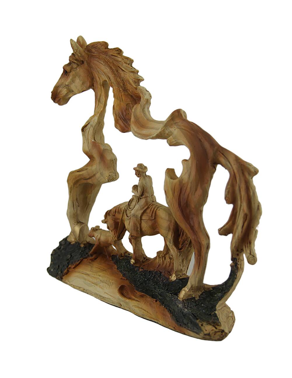 Alt View 1. Zeckos - The Wrangler Cowboy In Horse Faux Carved Wood Openwork Statue Western Décor - Brown.