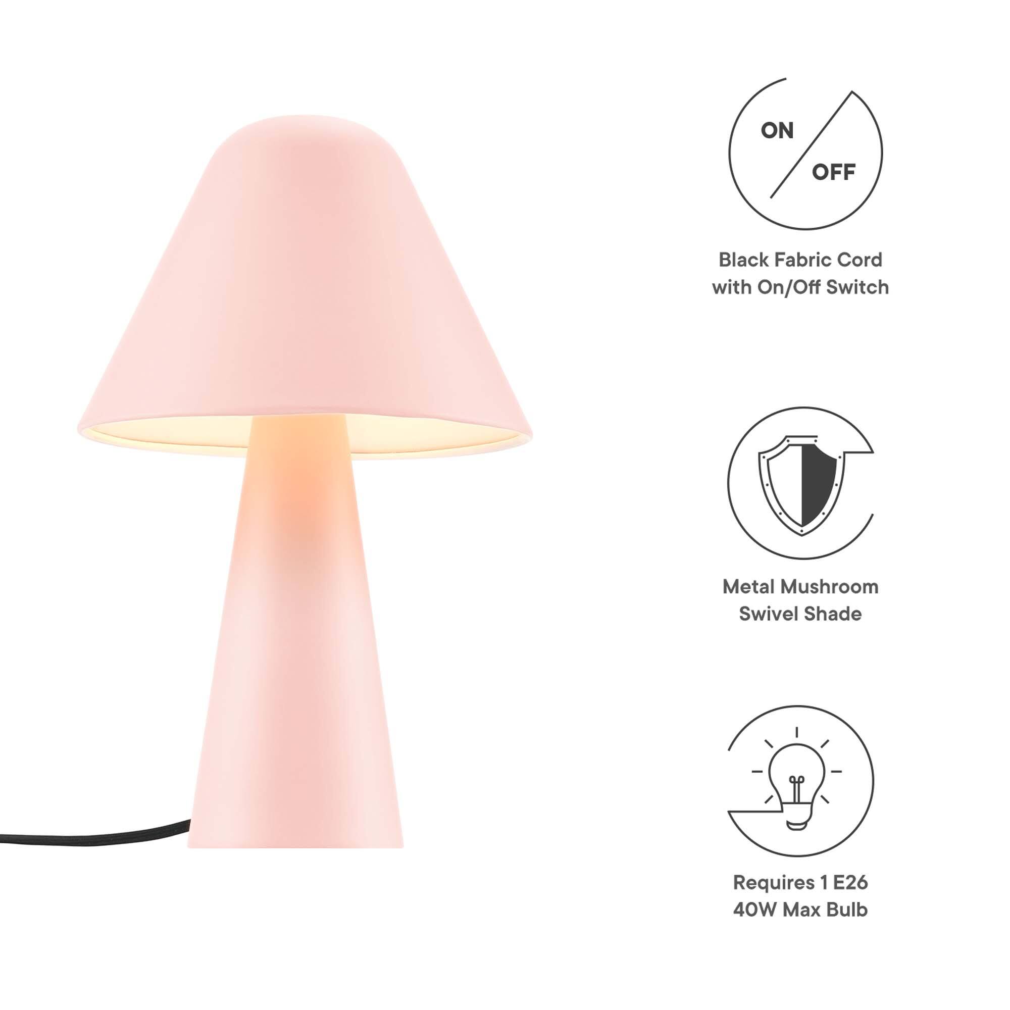 - Black Fabric Cord with On/Off Switch
- Metal Mushroom Swivel Shade
- Requires 1 E26 40W Max Bulb