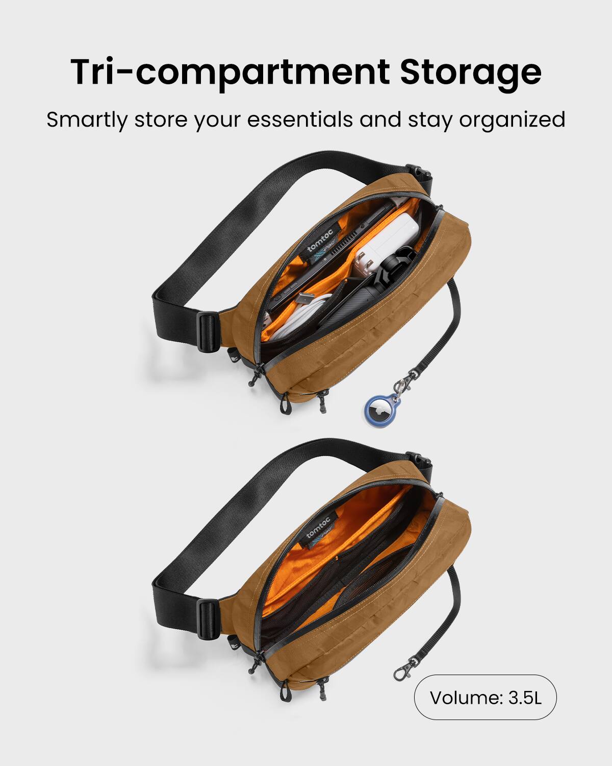 Tri-compartment Storage Smartly store your essentials and stay organized tomtoc Volume: 3.5L