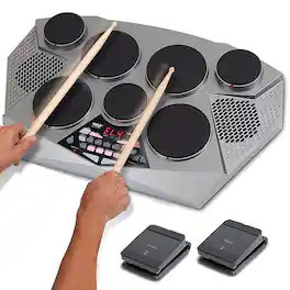 Pyle - Pro Electronic Drum kit - Portable Electric Tabletop Drum Set Machine with Digital Panel, 7 Drum Pad - Silver