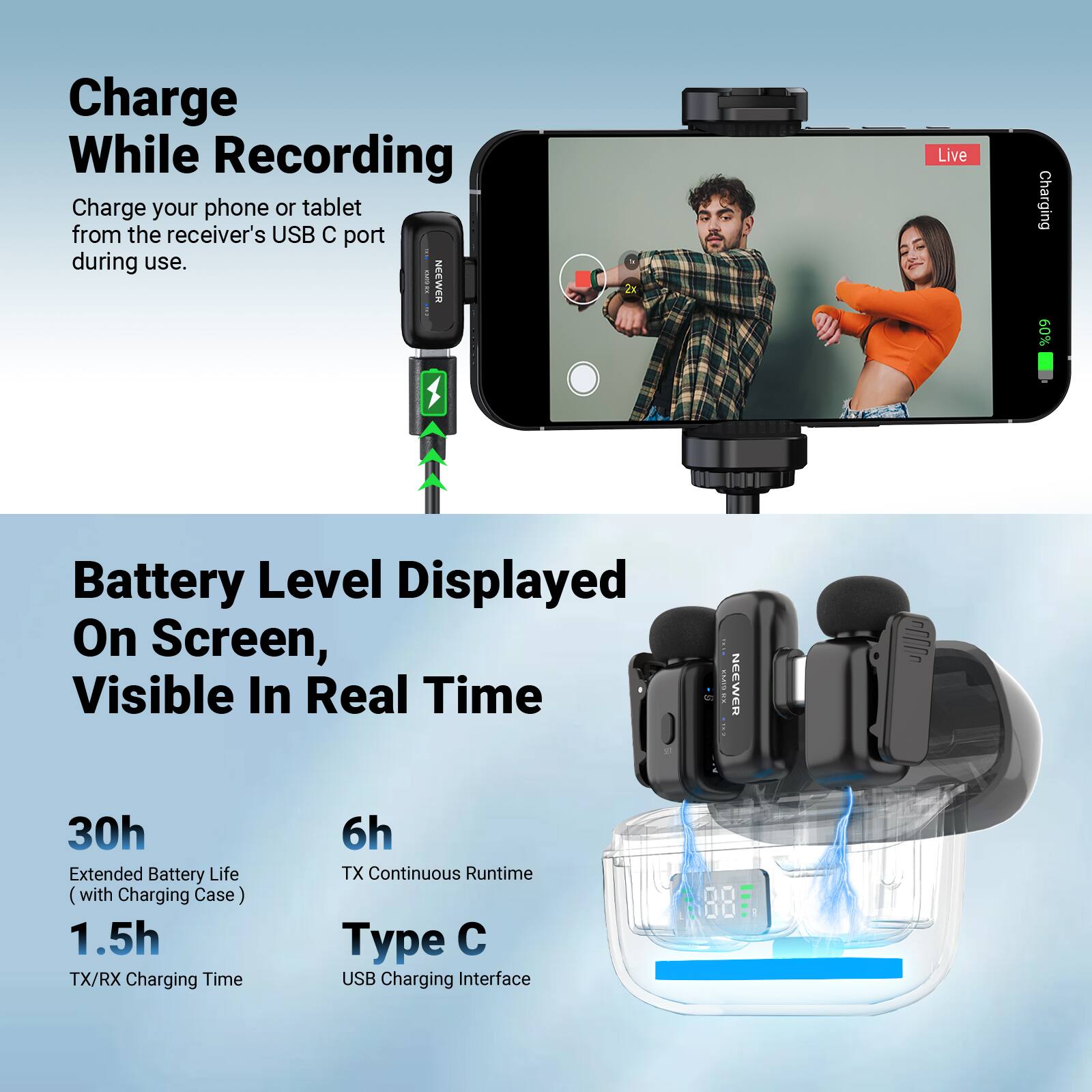 Charge While Recording  
Charge your phone or tablet from the receiver's USB C port during use.  

Battery Level Displayed On Screen, Visible In Real Time  

30h Extended Battery Life (with Charging Case)  
1.5h TX/RX Charging Time  
6h TX Continuous Runtime  
Type C USB Charging Interface