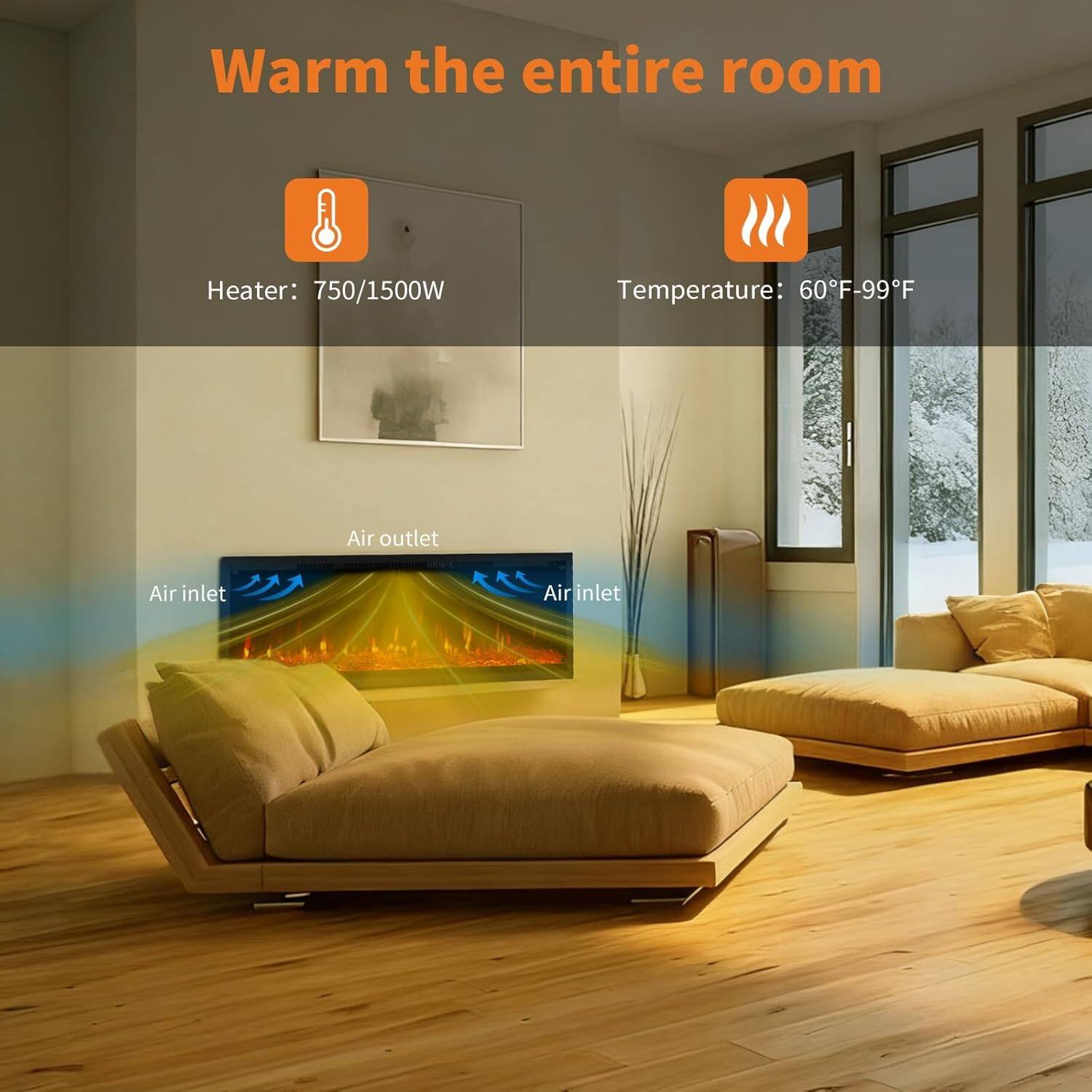 Warm the entire room

Heater: 750/1500W

Temperature: 60°F-99°F

Air outlet

Air inlet

Air inlet