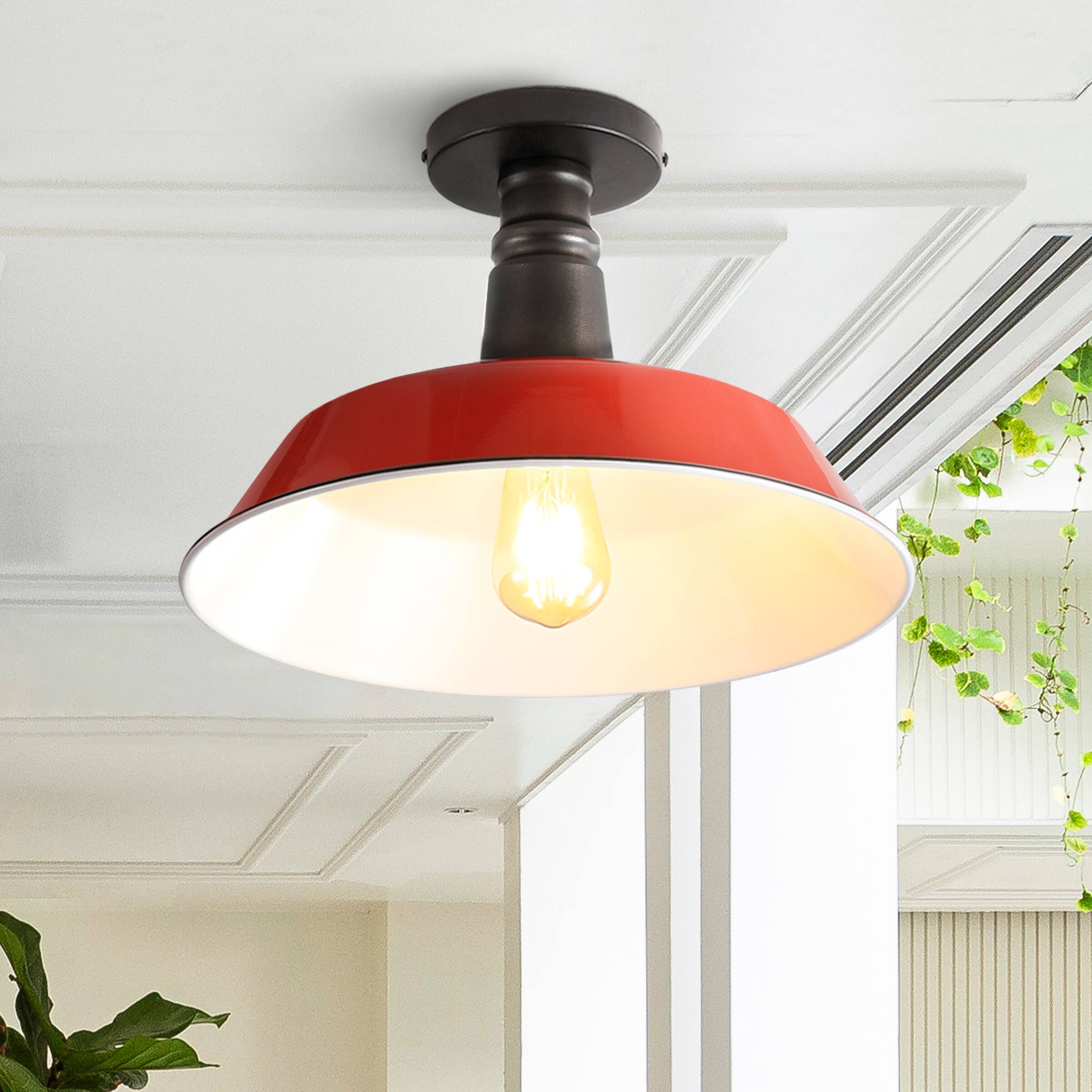 Alt View 1. Jonathan Y - Camila 14" 1-Light Classic Industrial Indoor/Outdoor Iron LED Semi Flush Mount, Red/White - Red/Black.
