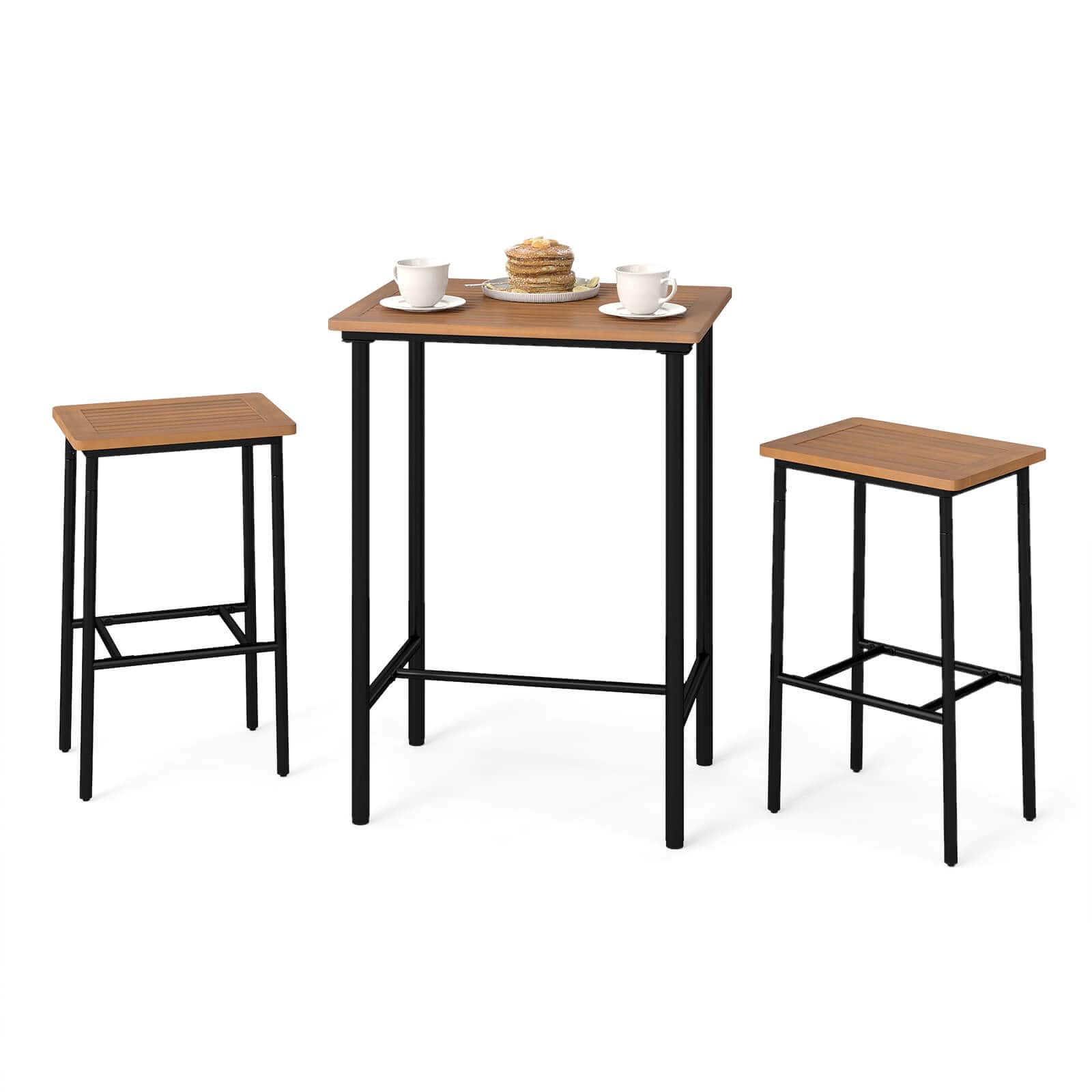 Costway - 3 PCS Acacia Wood Patio Bar Set, Outdoor Bar Height with Metal Frame for Balcony - Natural and Black