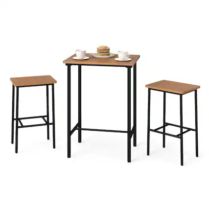 Front. Costway - Costway 3 PCS Acacia Wood Patio Bar Set, Outdoor Bar Height with Metal Frame for Balcony - Natural and Black.