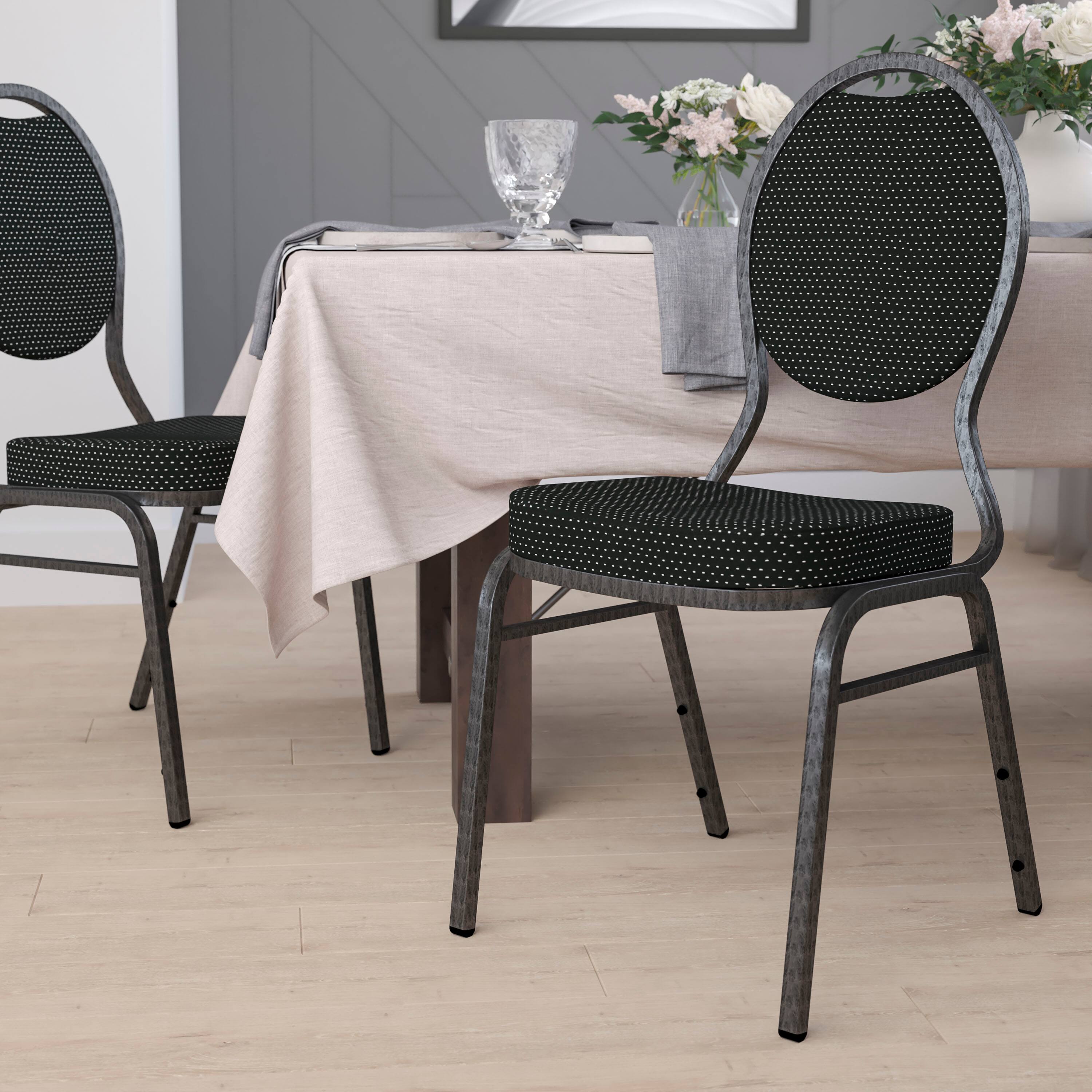 Alt View 1. Emma + Oliver - Teardrop Back Stacking Banquet Dining Chair - Black Patterned Fabric/Silver Vein Frame.