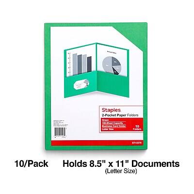 Staples 2-Pocket Paper Folders  
Green  
100-sheet Capacity  
Business Cart Holder  
10 Letter Size Folders  
$13.37  
10/Pack  
Holds 8.5" x 11" Documents (Letter Size)