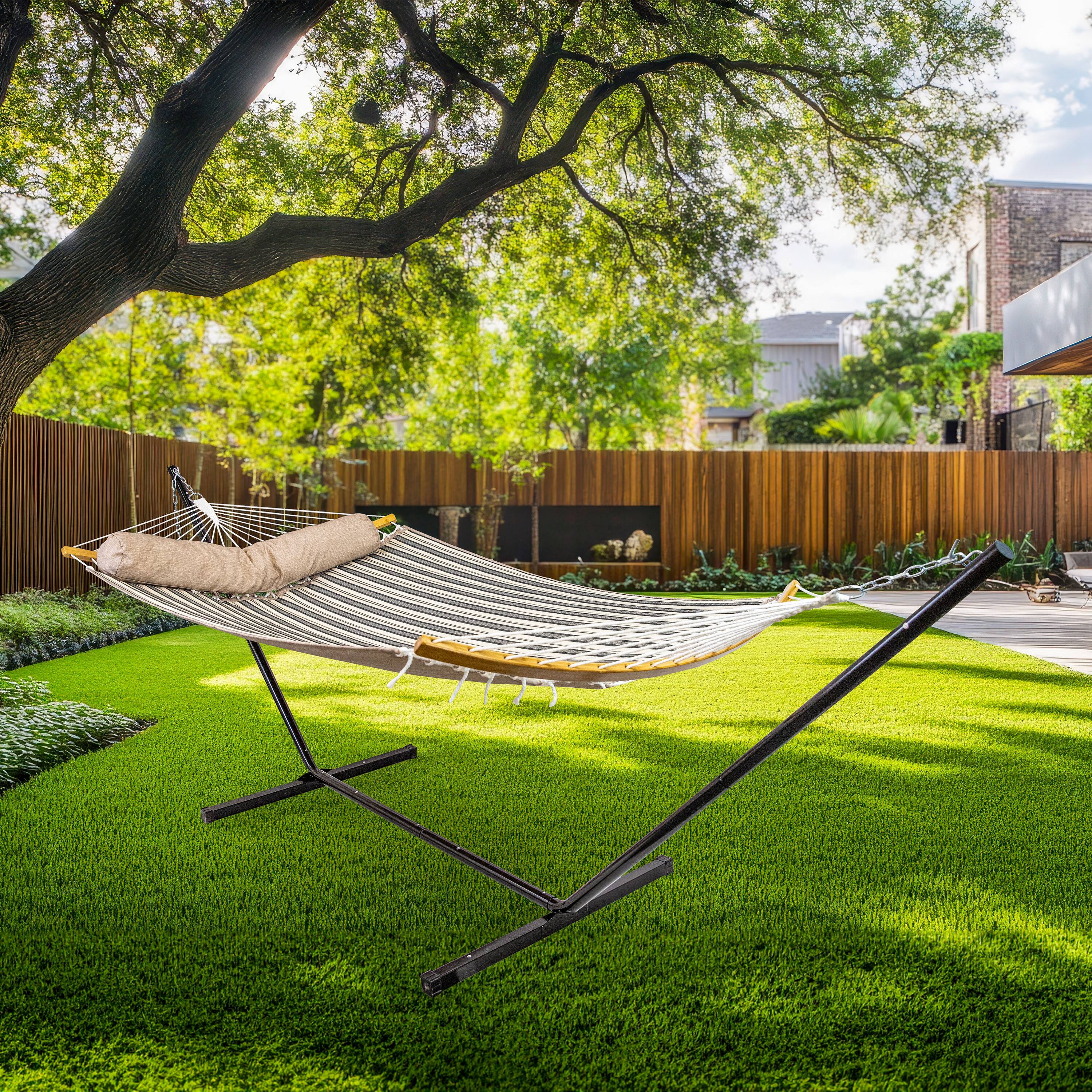 Alt View 7. Sunnydaze - Quilted Hammock with Curved Spreader Bar - Neutral Stripe.