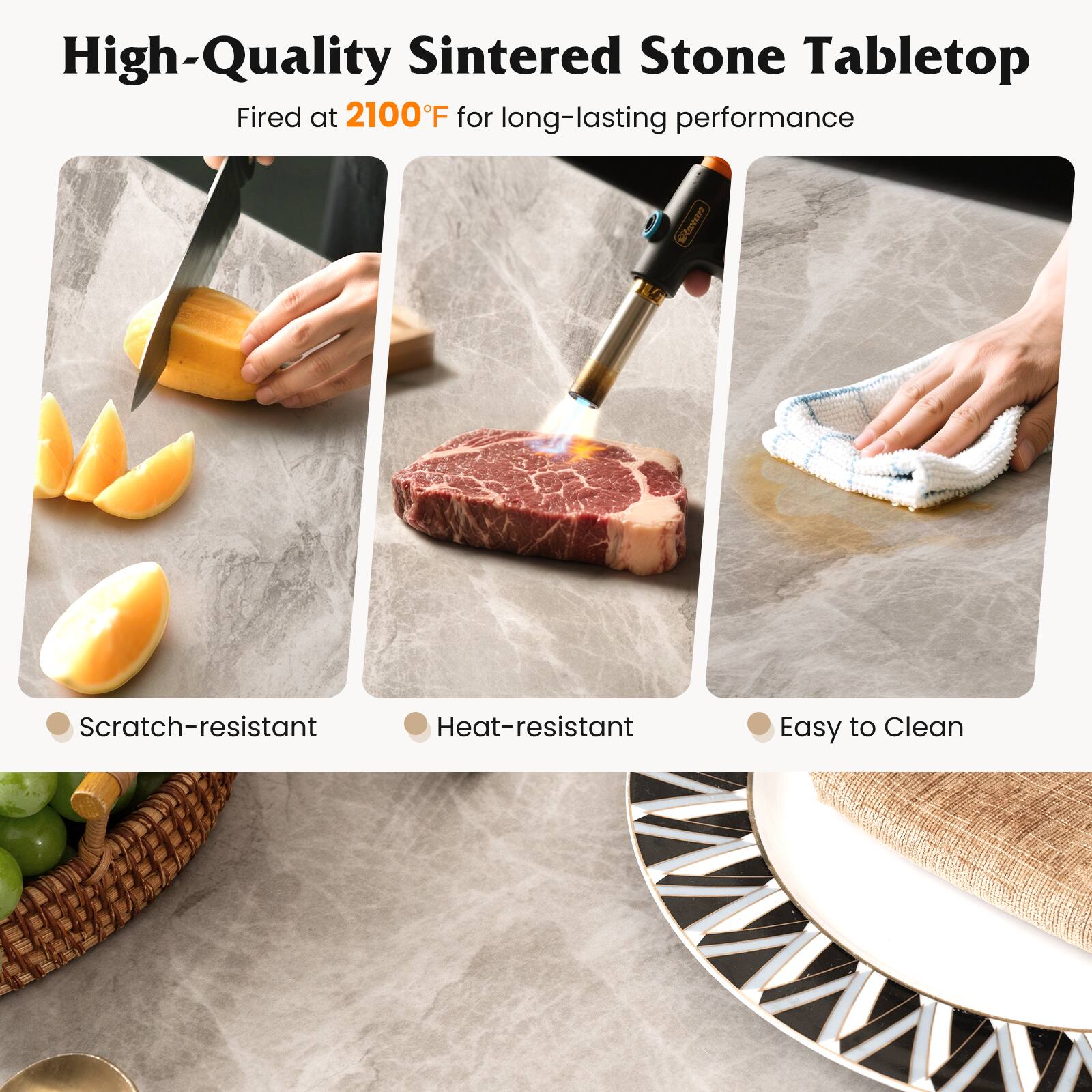 High-Quality Sintered Stone Tabletop  
Fired at 2100°F for long-lasting performance  

- Scratch-resistant  
- Heat-resistant  
- Easy to Clean