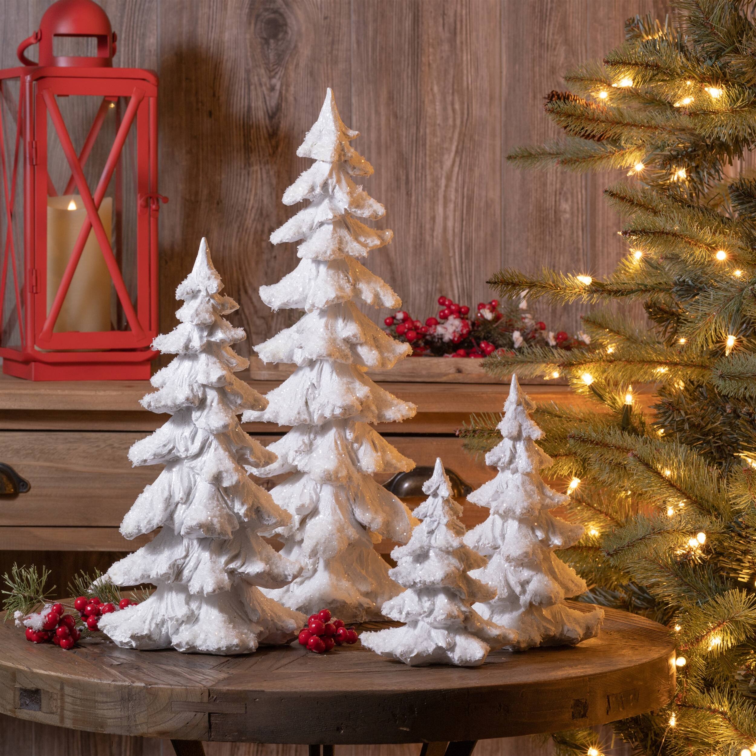 Angle. BreeBe - Flocked White Pine Tree with Carved Design (Set of 4) - White.