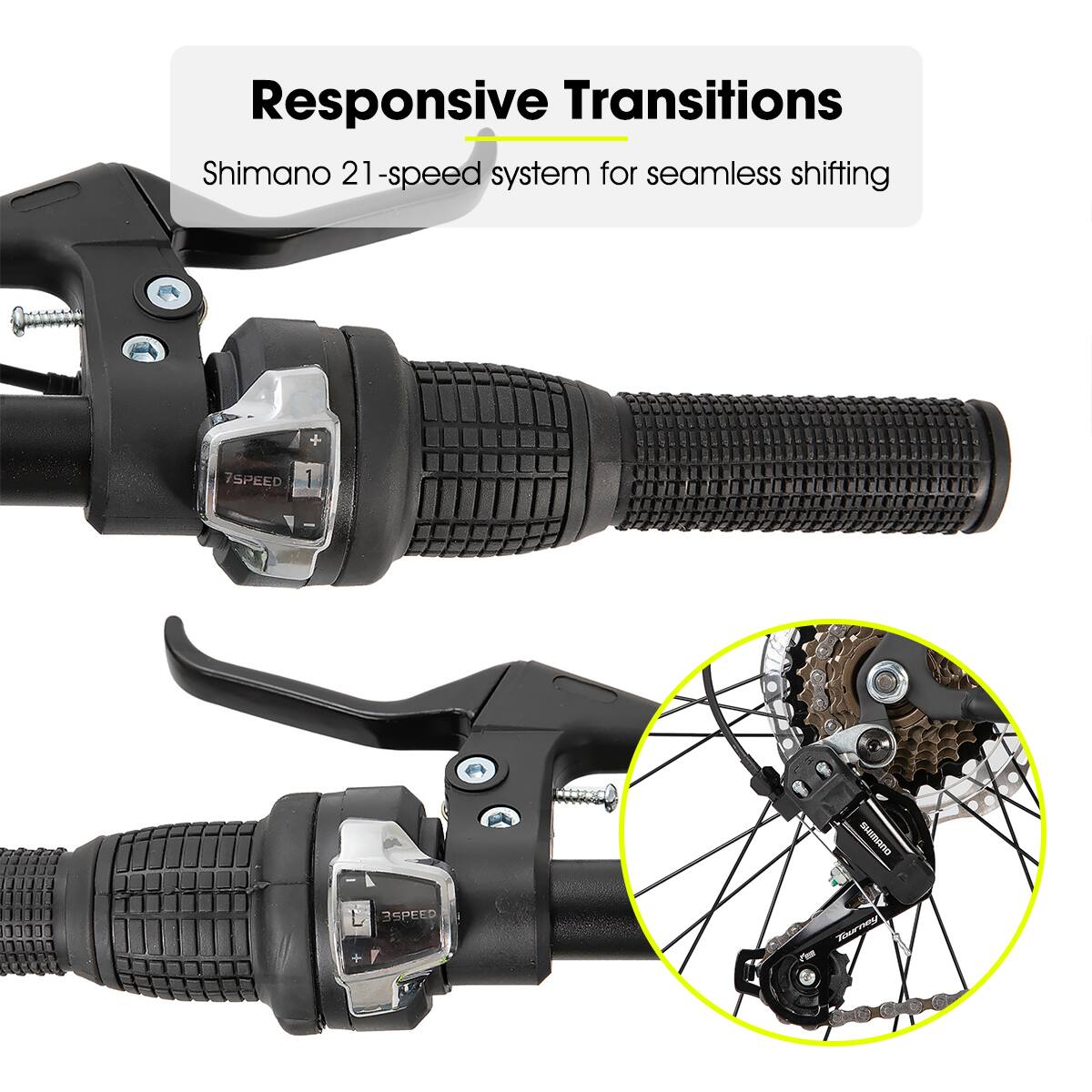 Responsive Transitions Shimano 21-speed system for seamless shifting 7SPEED 1 QUARTHS 3SPEED a