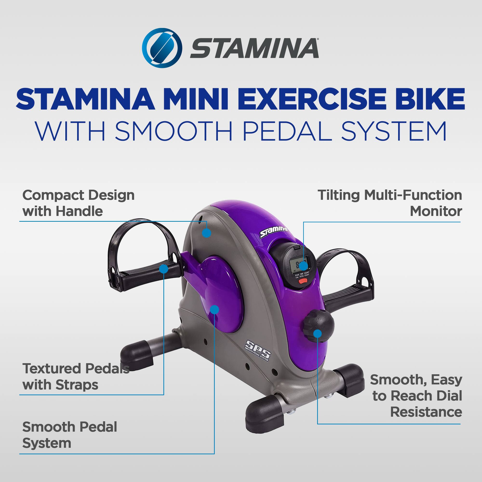 STAMINA MINI EXERCISE BIKE WITH SMOOTH PEDAL SYSTEM

- Compact Design with Handle
- Tiltinq Multi-Function Monitor
- Textured Pedals with Straps
- Smooth Pedal System
- Smooth, Easy to Reach Dial Resistance