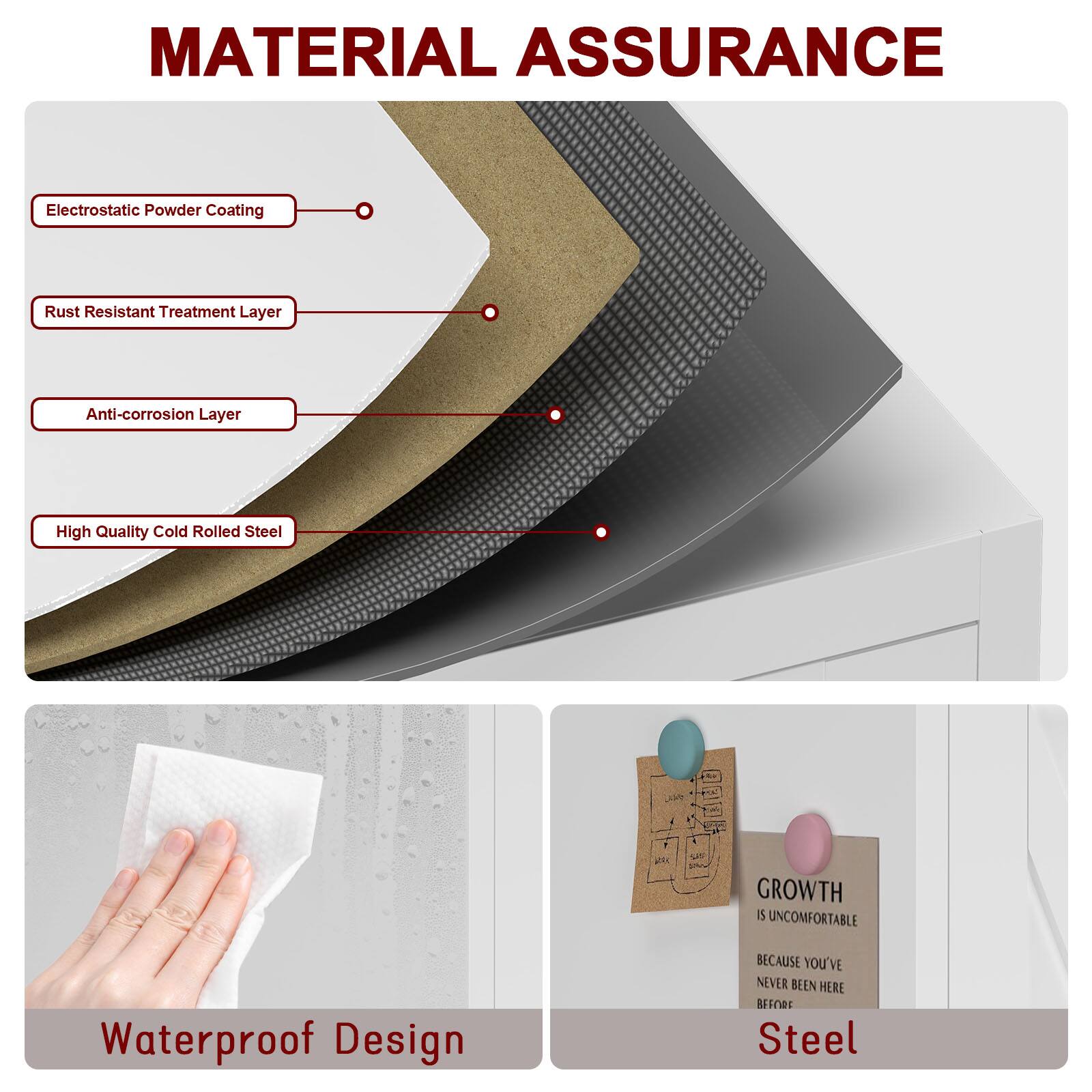 **MATERIAL ASSURANCE**

- Electrostatic Powder Coating
- Rust Resistant Treatment Layer
- Anti-corrosion Layer
- High Quality Cold Rolled Steel

**Waterproof Design**

**Steel**

**GROWTH IS UNCOMFORTABLE BECAUSE YOU'VE NEVER BEEN HERE BEFORE**