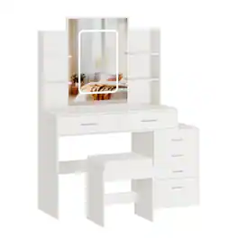 Qeetex - Vanity Desk with Mirror, Lights, Stool, Charging Station, 6 Drawers, Adjustable LED, Organizer Table - White