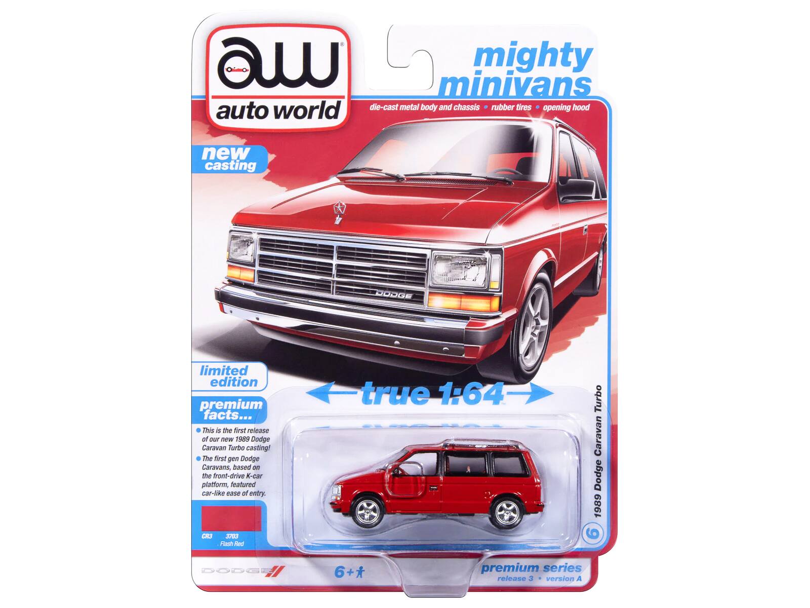 mighty minivans auto world die-cast metal body and chassis rubber tires opening hood new casting RODGE limited edition premium facts... This is the first release of our new 1989 Dodge Caravan Turbo casting! the first gen Dodge Caravans, based on the front-drive K-car platform, featured car-like ease of entry. CK3 3700 Flash Red true 1:64 Turbo Caravan Dodge 1989 9 DODGE 6+* premium series release 3 version A