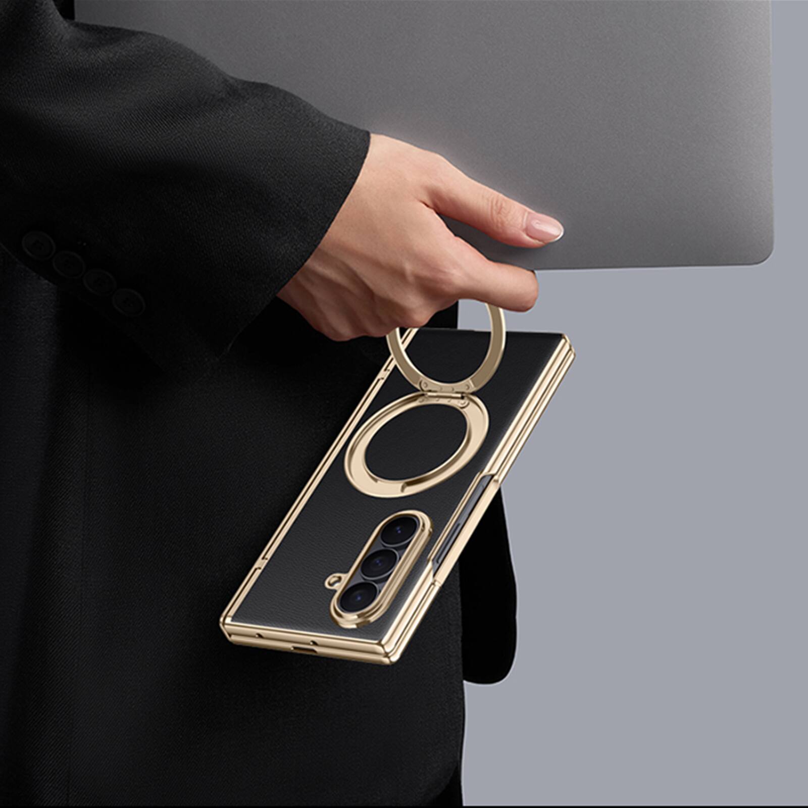 Alt View 6. Dteck - For Samsung Galaxy Z Fold7 Luxury Plated Frame Ring Stand Magnetic Case Hinge Protection Cover+Built-in Screen Protector - Green-Privacy Screen.