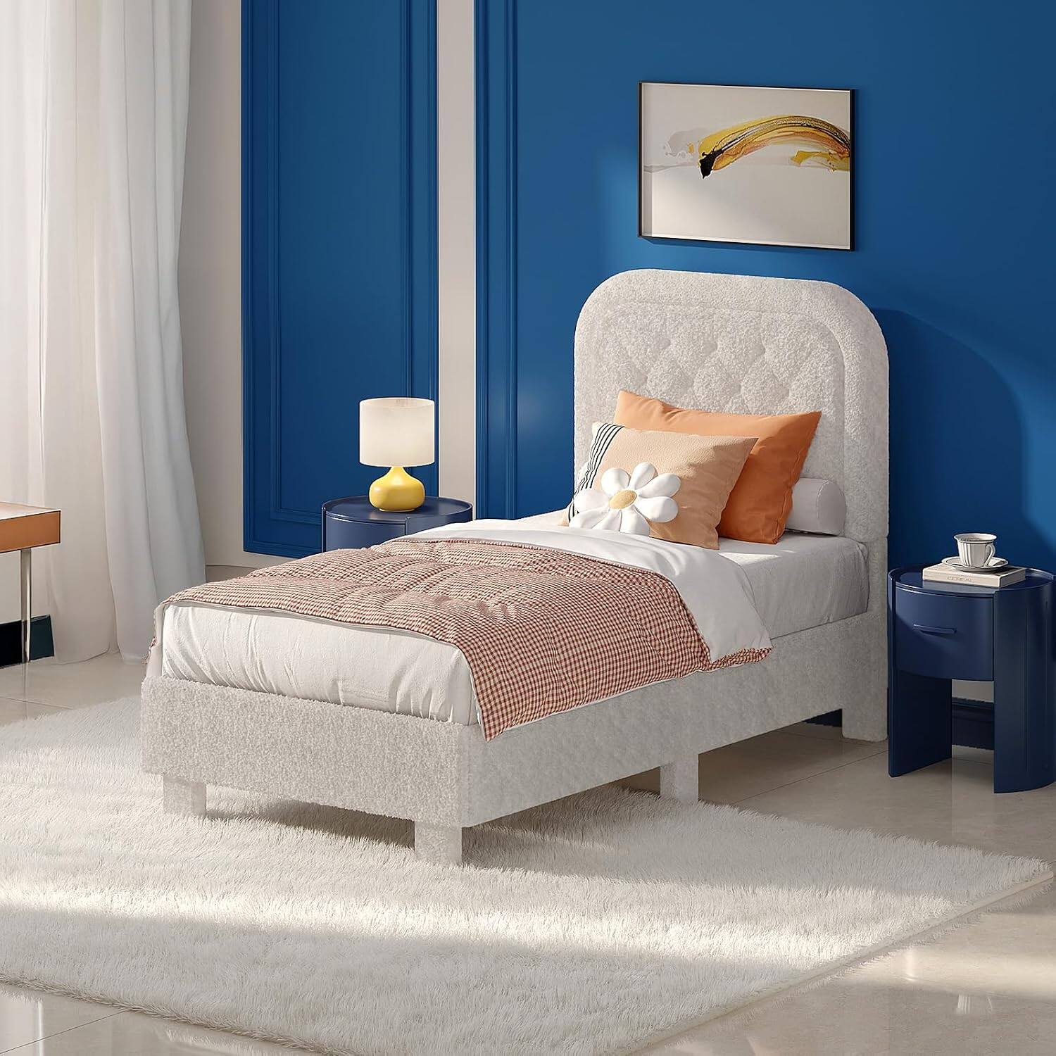Alt View 7. Winado - Bed Frame with Headboard,Cozy Soft Platform Bed with Wooden Slats Support Cream Modern Style,Noise Free,Rounded Corners - Twin-White.