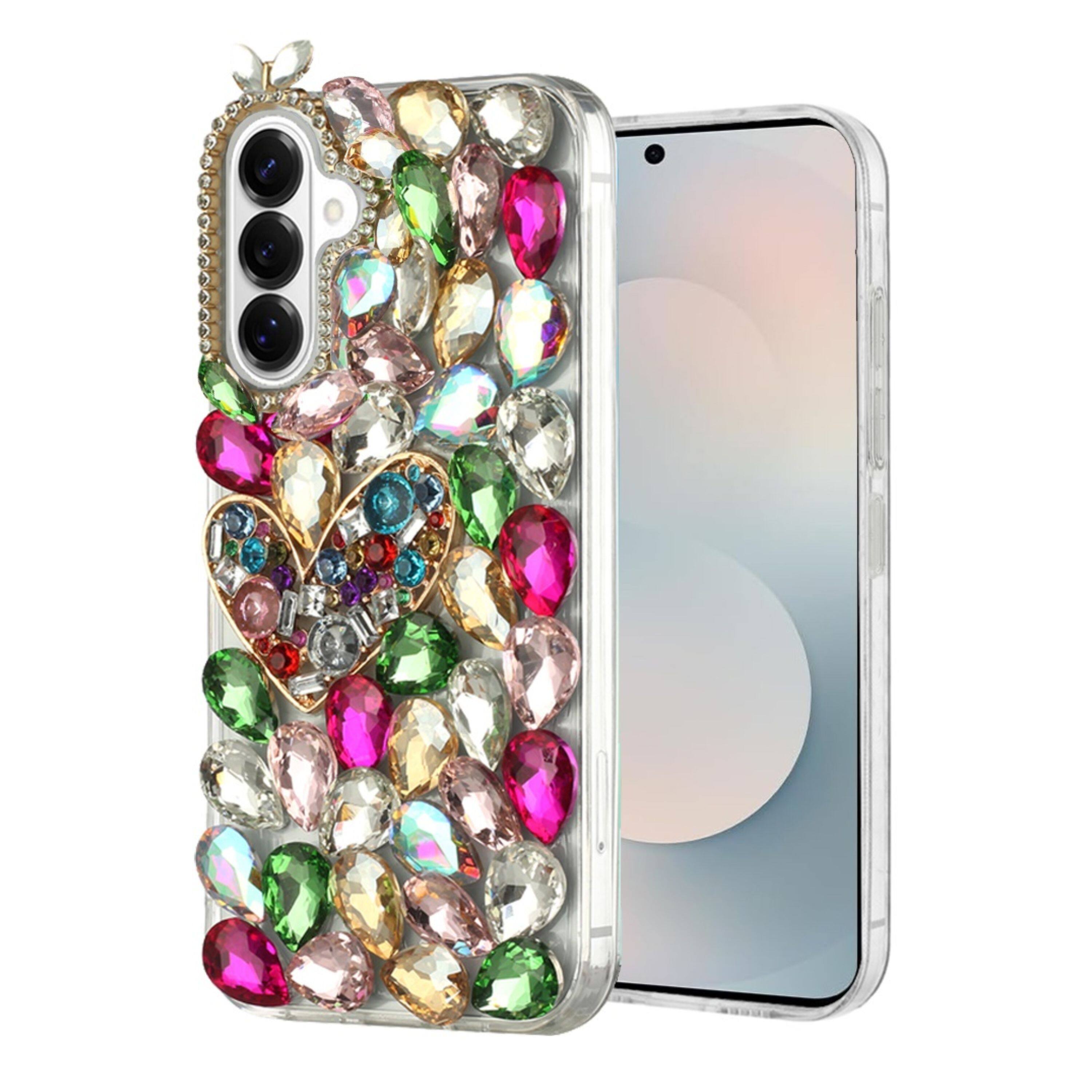 Angle. Kitcheniva - Full Diamond Bling 3D Jewel Ornaments Design Phone Case With Tempered Glass For Samsung S26 Ornaments With Heart - Multicolor.