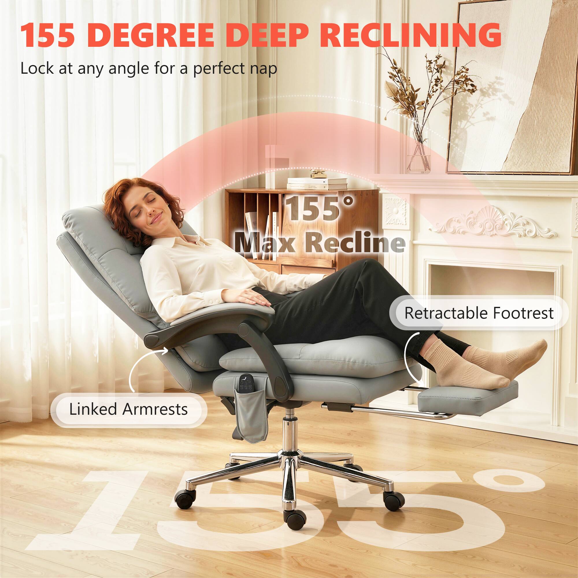 155 DEGREE DEEP RECLINING  
Lock at any angle for a perfect nap  

155° Max Recline  
Linked Armrests  
Retractable Footrest