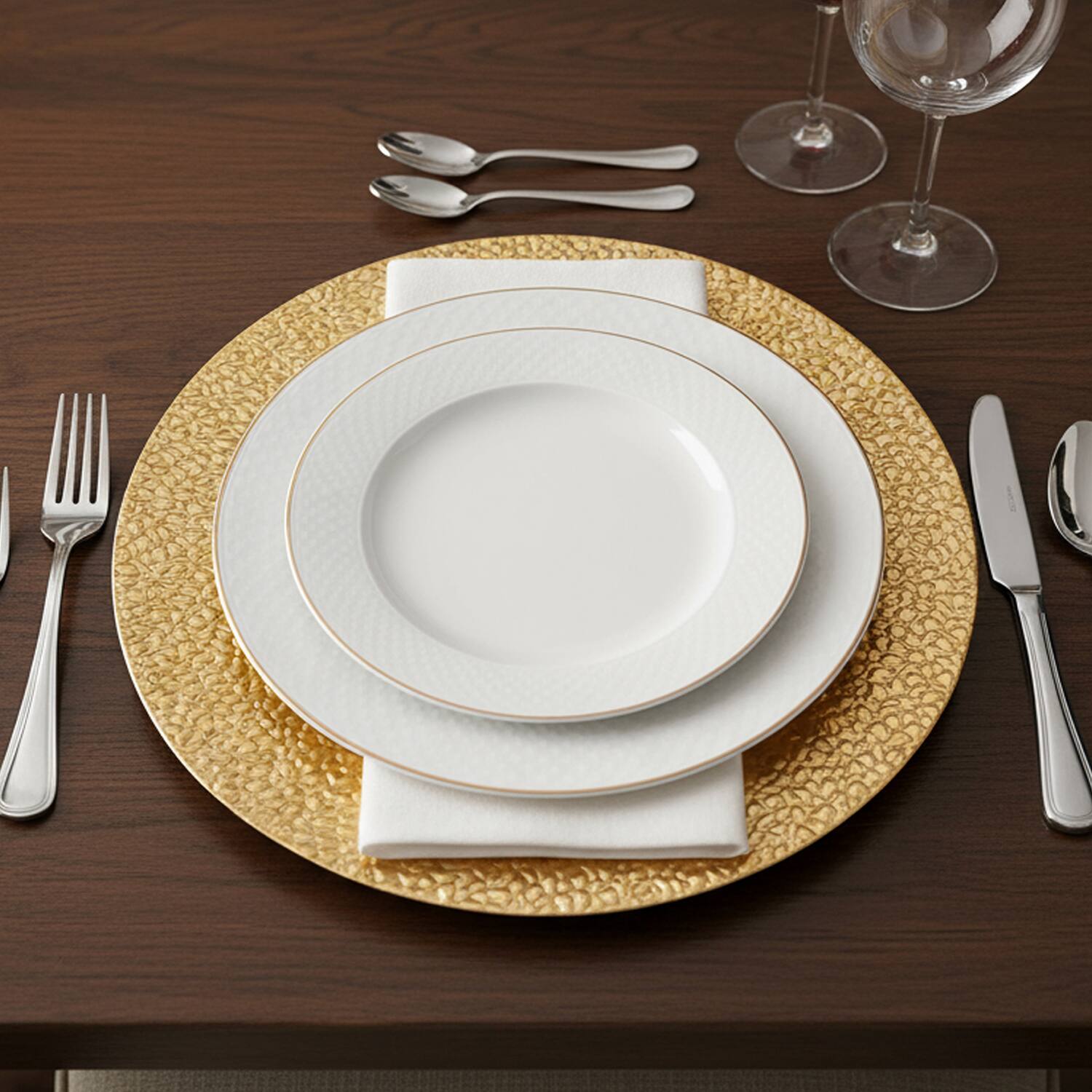 Left. American Atelier - Elara Gold Plated Set of 4 Charger Plates 13"D - Gold.