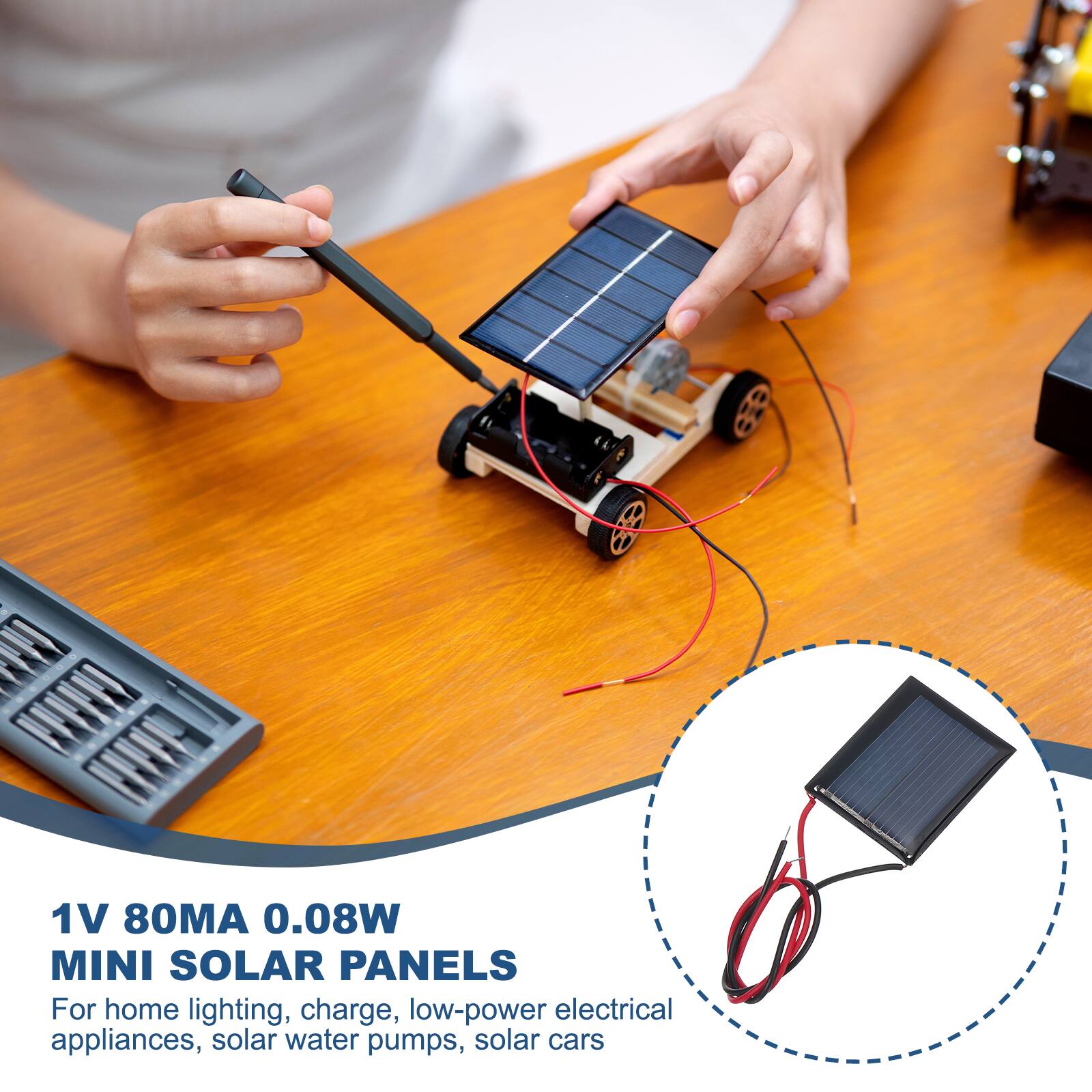 NEW 1V 80MA 0.08W MINI SOLAR PANELS  
For home lighting, charge, low-power electrical appliances, solar water pumps, solar cars