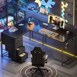 Furnulem - L Shaped Computer Desk with Power Outlet and 4 Fabric Drawers Reversible Gaming Desk with Headphone Hook for Home Office - Black