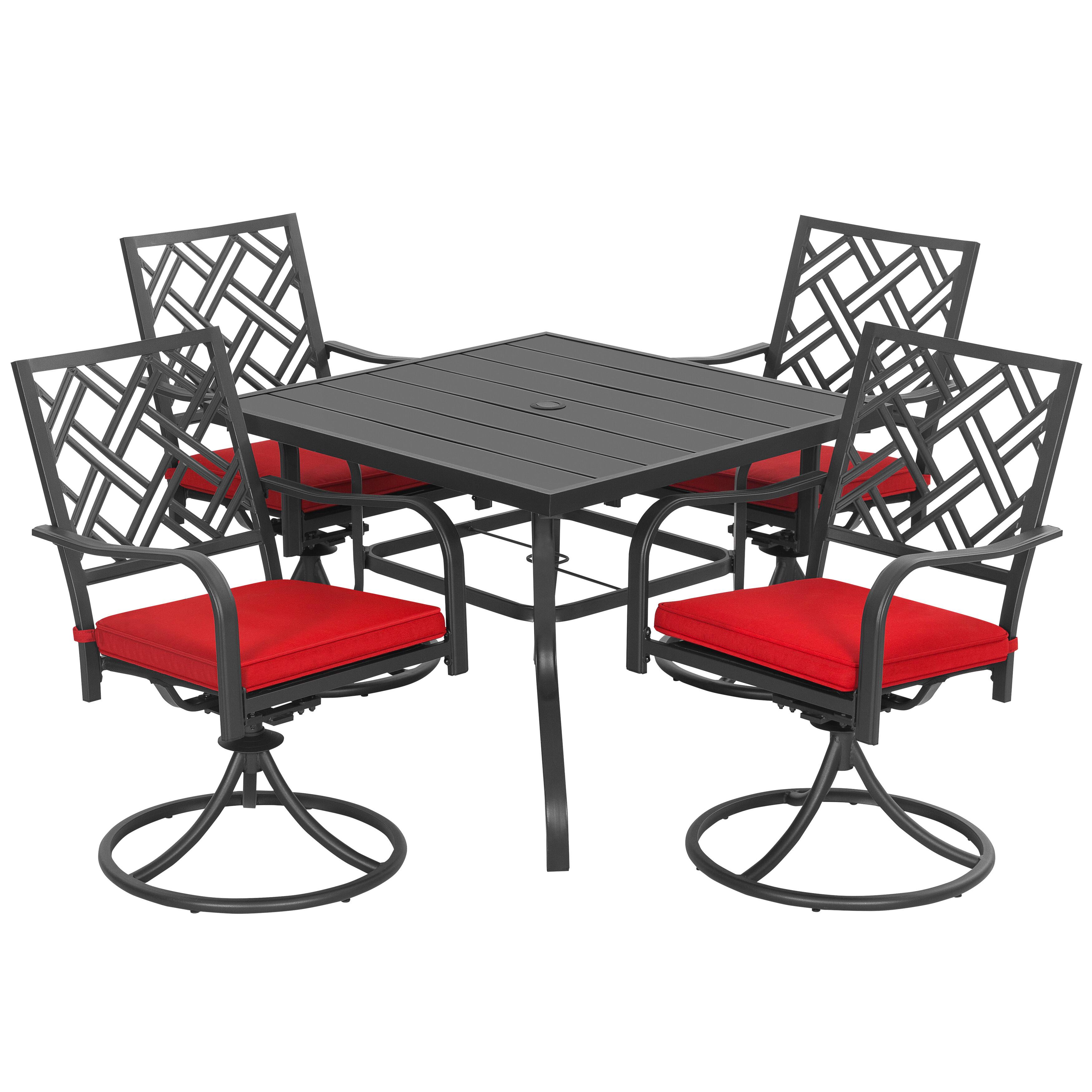 Angle. Nuu Garden - 5PCS Metal Patio Dining Set with Umbrella Hole, Swivel Chairs with Cushions - Black and Red.