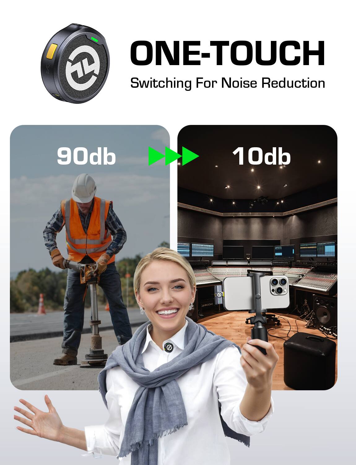 ONE-TOUCH Switching For Noise Reduction 90db 10db
