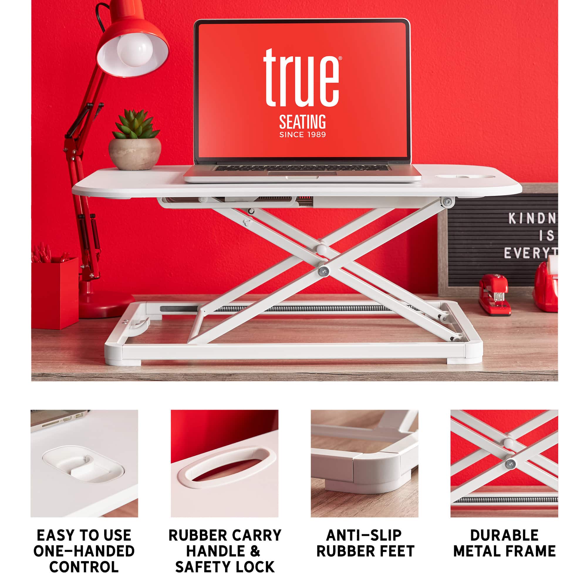 Front. True Seating - Ergonomic 5-Level Height Adjustable Sit-to-Stand Laptop or Monitor Riser - White.