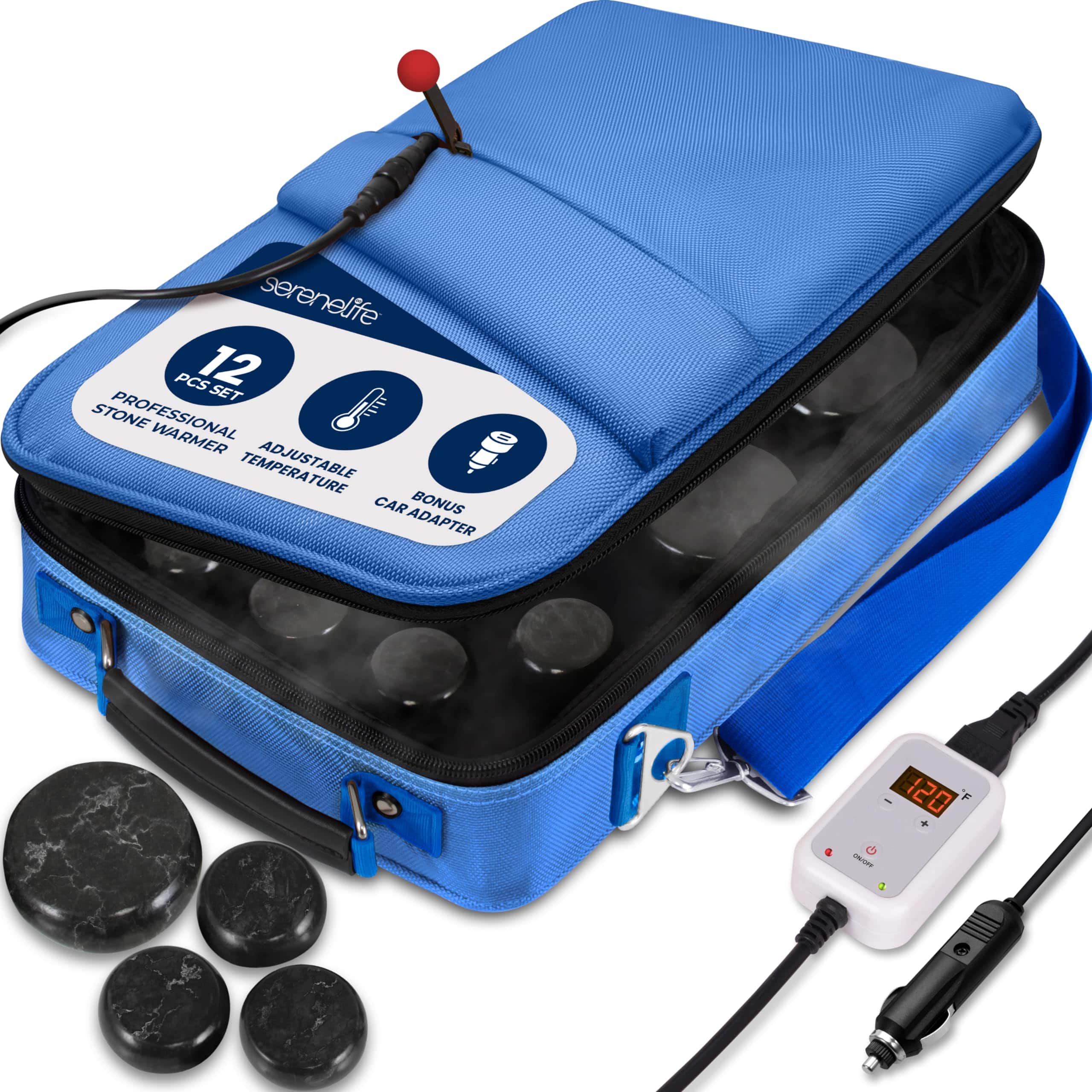 SereneLife - Portable Massage Stone Warmer Set - Electric Spa Hot Stones Massager with Digital Controller (PSLMSGST40BL)