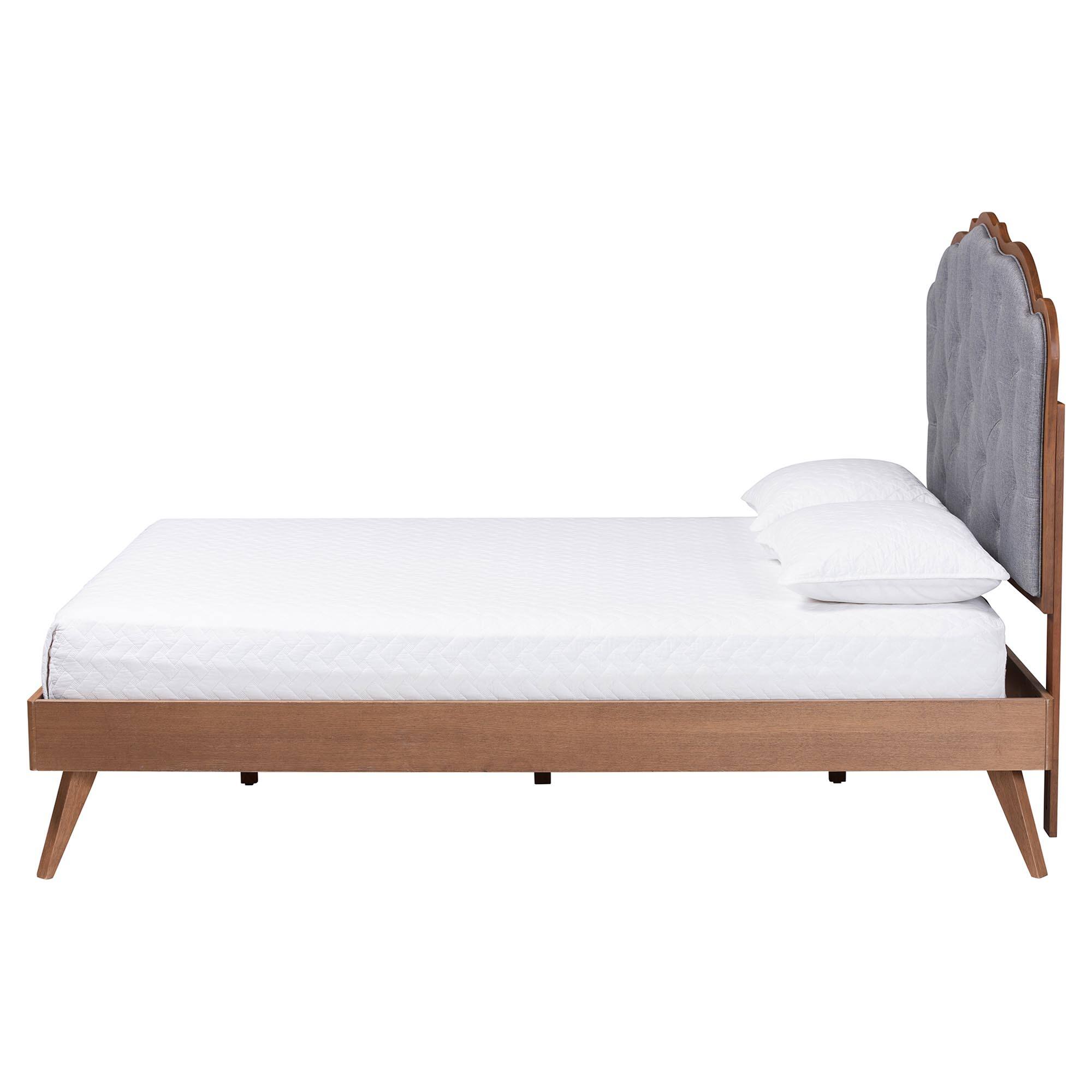 Angle. Baxton Studio - Aithan Platform Bed - Mid-Century Modern Bed with Upholstered Headboard and Button Tufted Design, Queen - Ash Walnut/Grey.