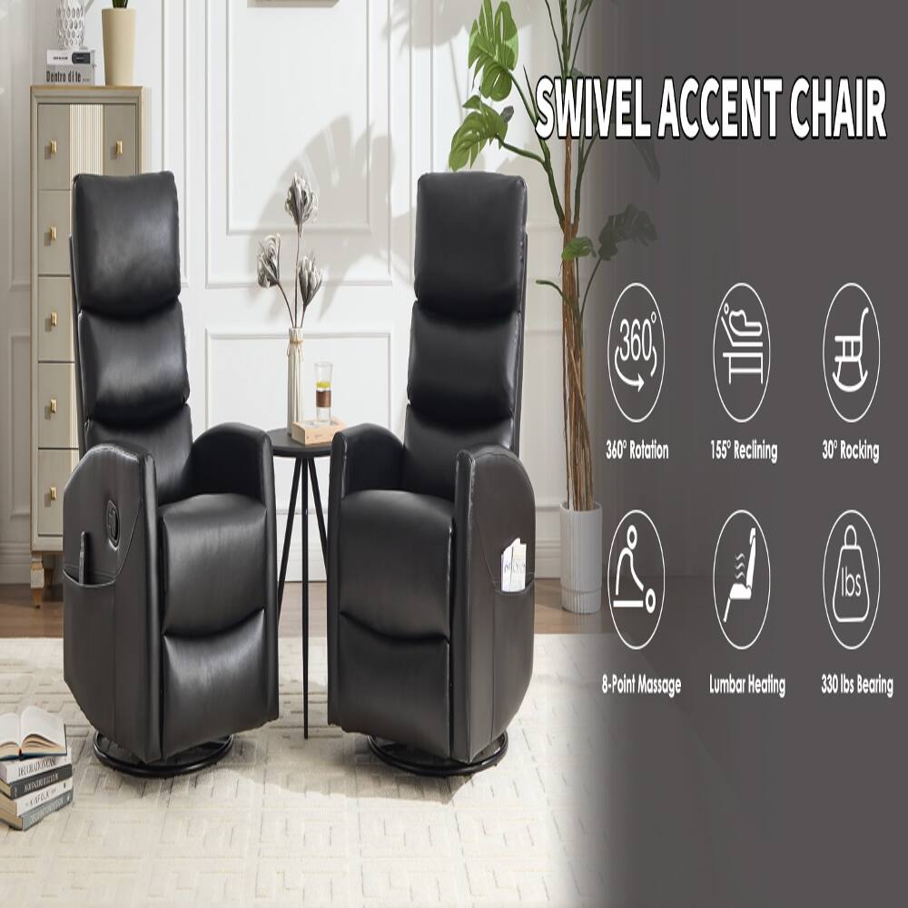 Dentro

SWIVEL ACCENT CHAIR

- 360° Rotation
- 155° Reclining
- 30° Rocking
- 8-Point Massage
- Lumbar Heating
- 330 lbs Bearing
