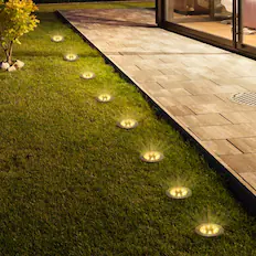 Front. Oumilen - 8 Pack Stainless Steel Solar In Ground Lights – Warm White 8-LED Solar Disk Buried Lamp for Garden.