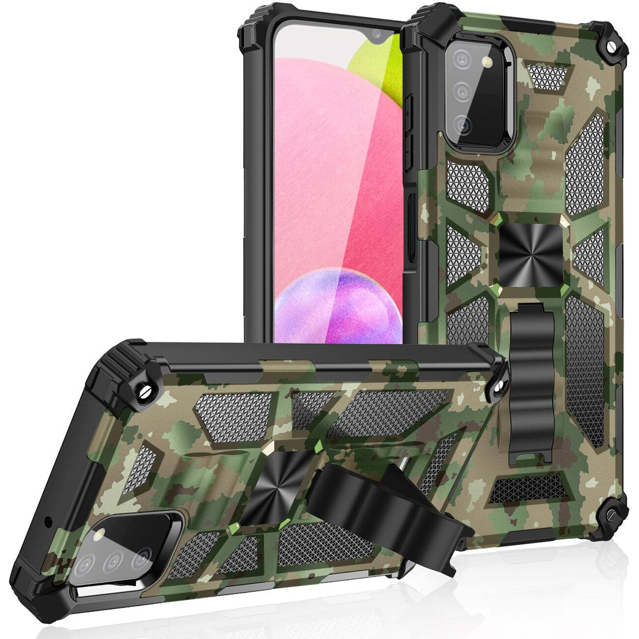 Front. Reiko - Built-In Kickstand Tpu Case With Magnetic Mount For Samsung Galaxy A02S In Camouflage - Multicolor.