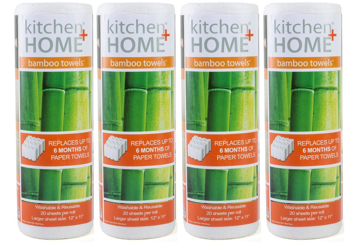 kitchen + HOME  
bamboo towels  

REPLACES UP TO 6 MONTHS OF PAPER TOWELS  

Washable & Reusable  
20 sheets per roll  
Larger sheet size: 12" x 11"  

Made from Bamboo
