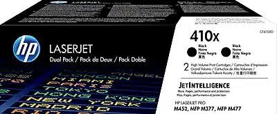 **HP LaserJet 410x**
**Dual Pack / Pack de Deux / Pack Doble**
**Black / Noir / Negro / Tinta Negra**
**2 High Volume Print Cartridges / 2 Cartouches d'Impression de Grand Volume / 2 Cartuchos de Alto Volumen**
**JetIntelligence**
**More Pages, performance and precision.**
**HP LaserJet Pro M452, MFP M377, MFP M477**
**MIMT SSNDSN**