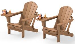SERWALL - Folding Adirondack Chair Set of 2, All Weather Patio Chairs with 4 in 1 Cup Holder, Red - Brown