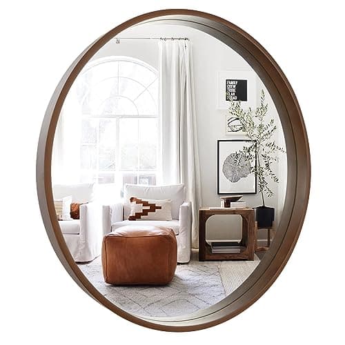 Comfort Essence - Round Mirror with Wood Frame Circle Wall for Bathroom Decor Vanity Entryway Living Room Walnut Modern - Walnut-31"L x 31"W