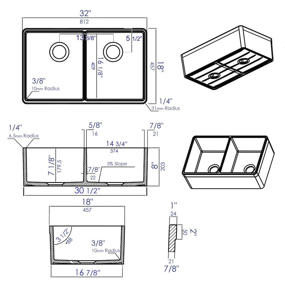 Sure, here is the corrected and grouped text from the image:

---

**Top Section:**
- 32"
- 812
- 13 3/8"
- 5 1/2"
- 3/8" Radius
- 10mm Radius
- 1/8" 409
- 1/4" 31mm Radius
- 1/4" 6.5mm Radius
- 7 7/8" 179.5
- 5/8" 16
- 14 3/4" 374
- 3% Slope
- 7/8" 22
- 30 1/2"
- 18" 457
- 7/8" 21
- 1" 24
- 3/8" 10mm Radius
- 16 7/8" 21 7/8"

**Bottom Section:**
- 18"
- 457
- 3 1/2" 88
- 3/8" 1