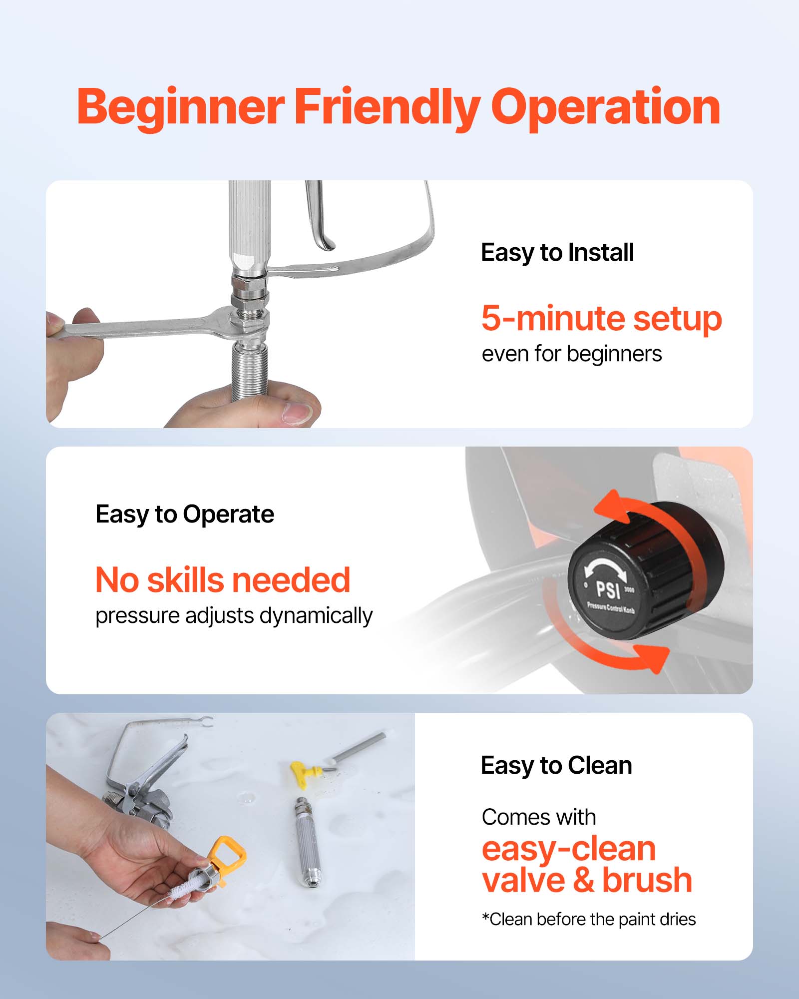 Beginner Friendly Operation

Easy to Install
5-minute setup even for beginners

Easy to Operate
No skills needed pressure adjusts dynamically

Easy to Clean
Comes with easy-clean valve & brush *Clean before the paint dries